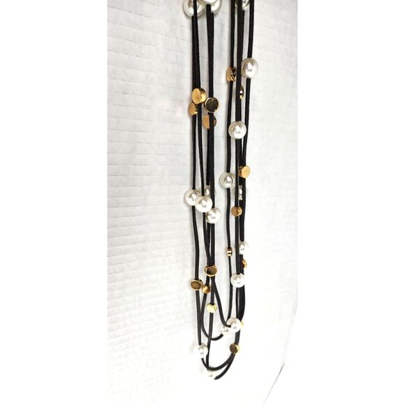 Layered Faux Pearl & Brass Disc Necklace 36” Gray Suede Cord Boho Chic Statement - Picture 5 of 6